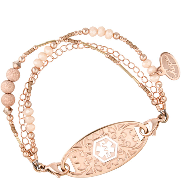 Interchangeable Rose gold dipped chain and Rose gold filled beads bracelet shown on white background with rose gold ID tag