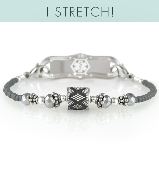 Grey seed beads Sterling silver, silver-filled, and silver-dipped beaded interchangeable medical ID bracelet shown with la petite tag