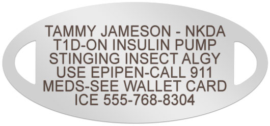 Sample of what premium laser engraving looks like on medical ID tag.