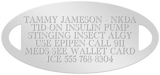 Sample of what standard etched engraving looks like on medical ID tag.