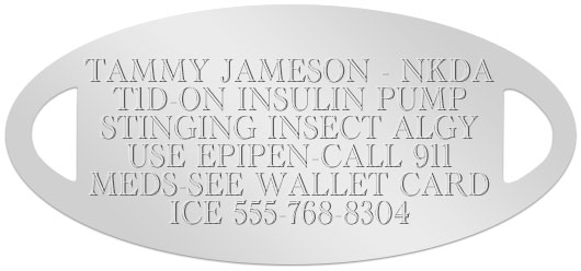 Sample of what standard etched engraving looks like on medical ID tag.