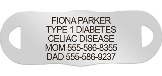Custom laser engraved La Petite medical ID tag with Diabetes engraving for young child