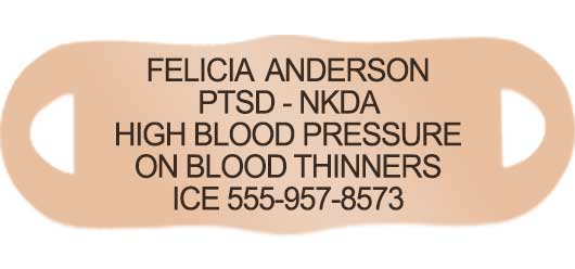 Rose gold medical ID tag with Post Traumatic Stress Disorder (PTSD) engraving