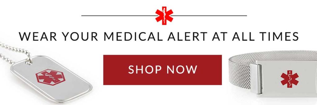 Wear your medical alert at all times, silver tone medical alert bracelets on white background.